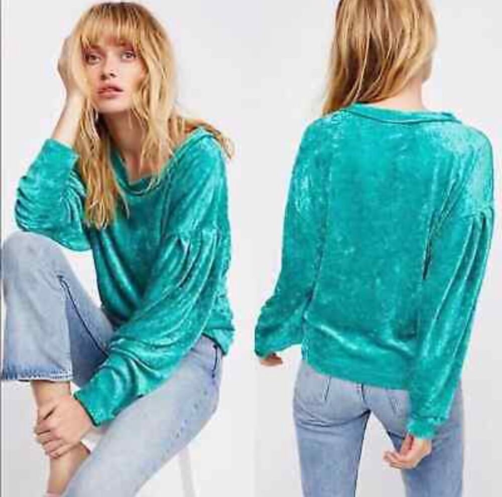 We The Free MILAN Teal Green S Top Velvet Round Neck Long Sleeve Pullover